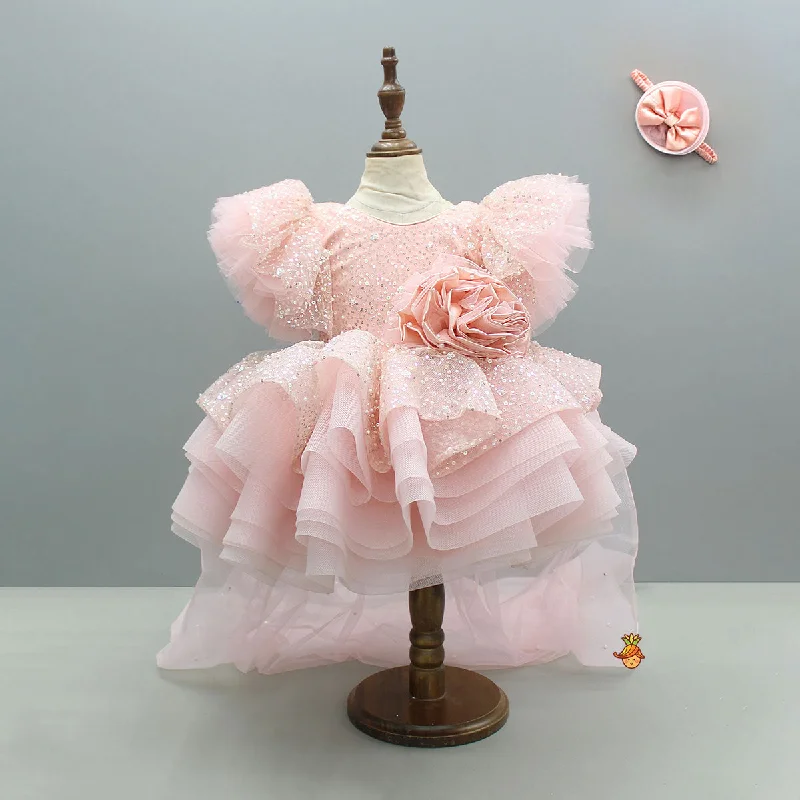 High-Fashion Women's Clothing Don't Miss Out Peach Sequin Embellished Dress Featuring A Detachable Trail And Bow With Swirled Bow Headband