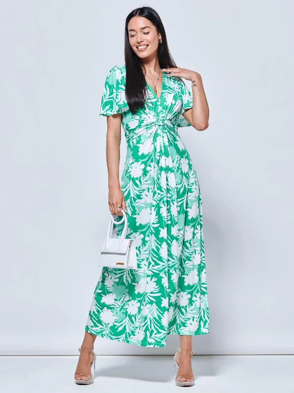 Women's Apparel And Garments Casual Chic Twist Front Jersey Maxi Dress, Green Floral