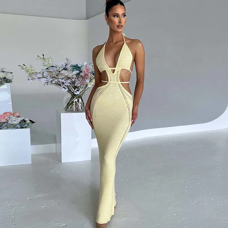 Vintage-Inspired Women's Apparel Urban Elegance Deals OUDINA Hot Selling Street Summer Fashion Clothing Hanging Neck Hollow Maxi Dress For Women Ladies Dresses