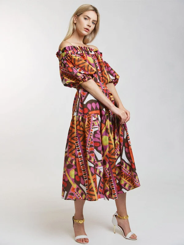 Women's Apparel Clearance Event WOMEN'S SHORT SLEEVE OFF SHOULDER FRONT POCKETS BELTED MULTI PRINT MAXI DRESS