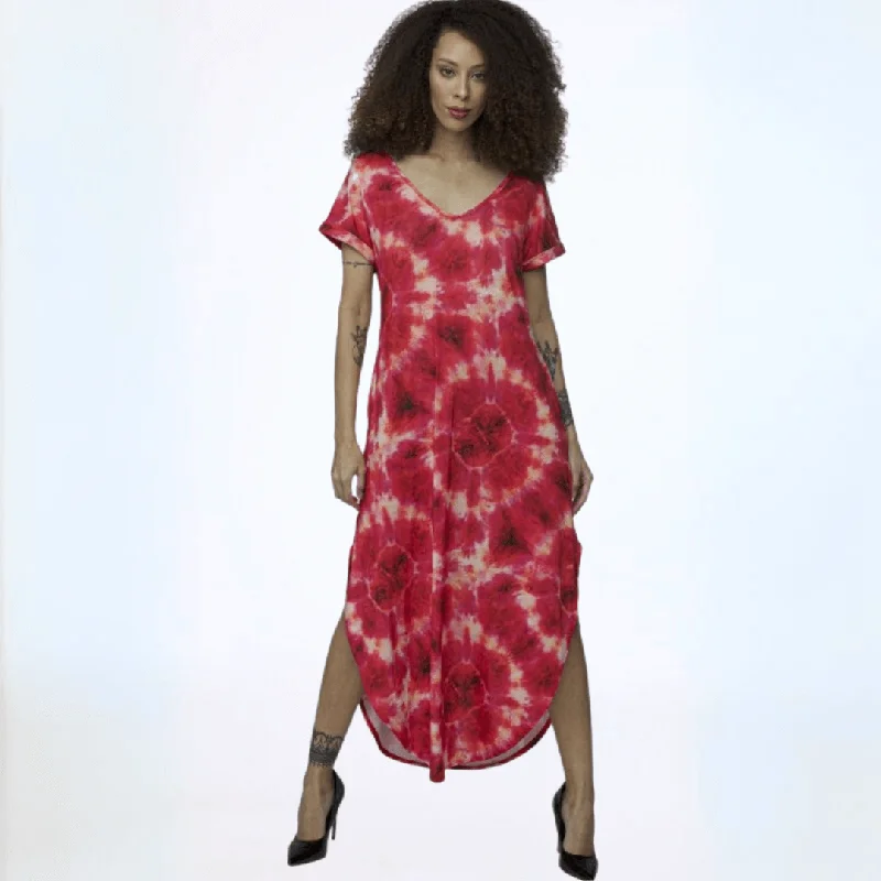 Women's Clothing Sets Trendy Street Style Red Tie Dye Jersey Beach Dress Made in USA