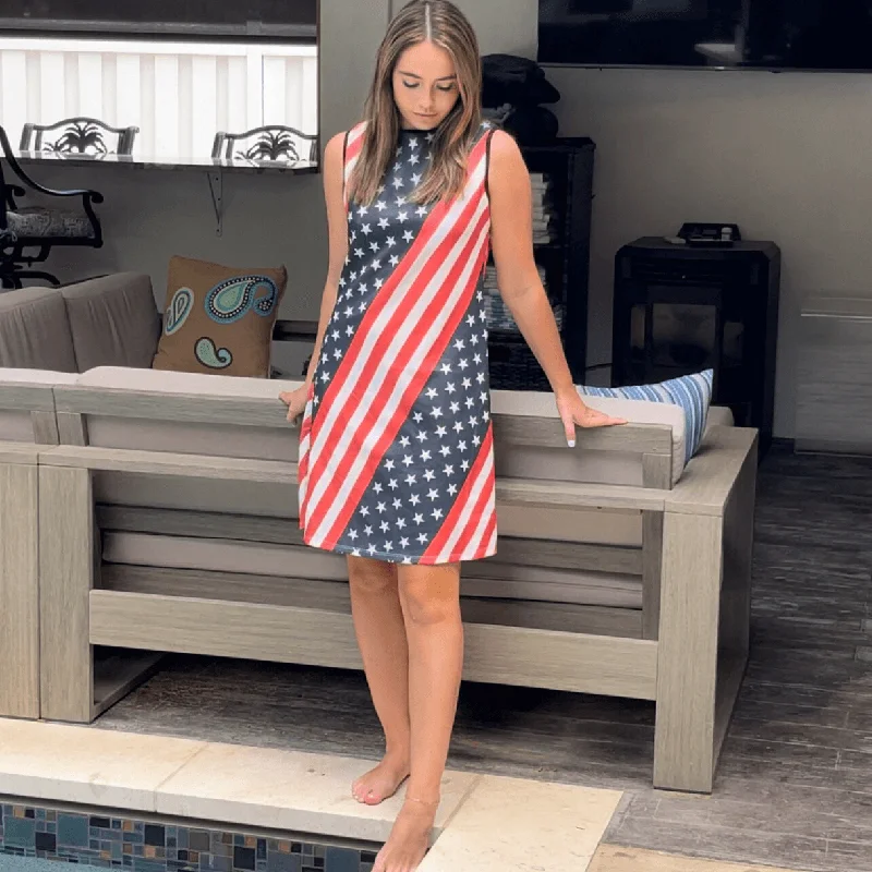 Women's Layered Outfit Vibrant Style Promotions Stars and Stripes Patriotic Mini Dress CLEARANCE FINAL SALE