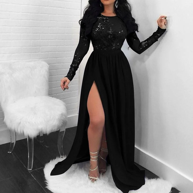 Formal Garments For Women Casual Fashion FashionSierra - Women Open Back Long Sleeve Slit Party Dress