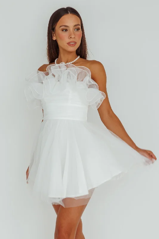 Women's Transitional Clothes Swimwear Summer Blowout My Beloved Organza Frill Mini Dress White