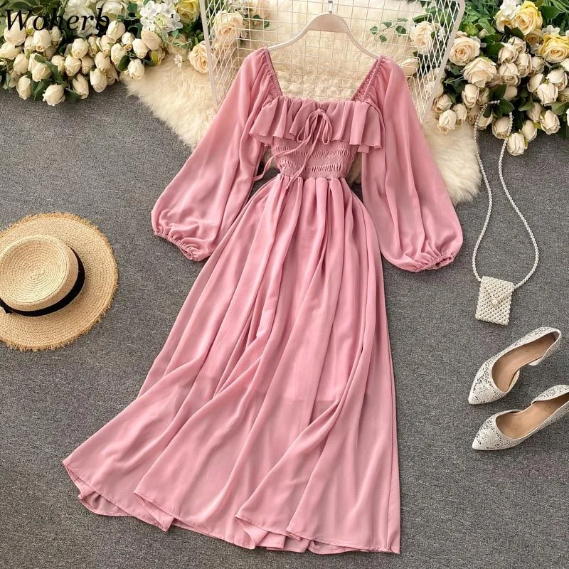 Elegant Women's Attire Exclusive Discount FashionSierra - Square Collar Maxi Dress Women Solid Chiffon Puff Sleeve Dresses