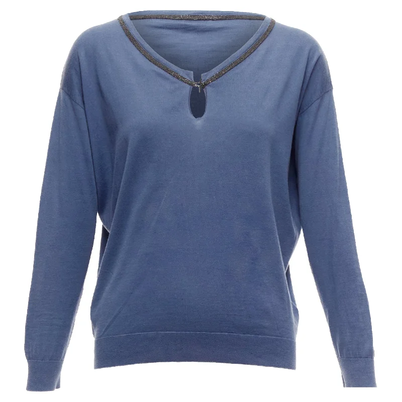 Women's Elegant Garments End-Of-Season Clearance Brunello Cucinelli Cotton Beaded Loop Keyhole Sweater Top