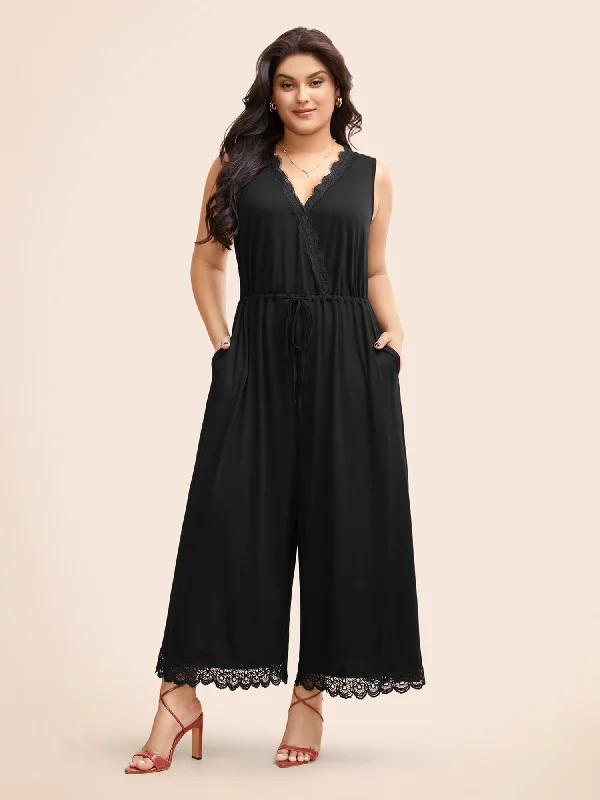 Women's Clothing For Outdoor Events New Season Fashion Preview Overlap Collar Lace Trim Drawstring Jumpsuit