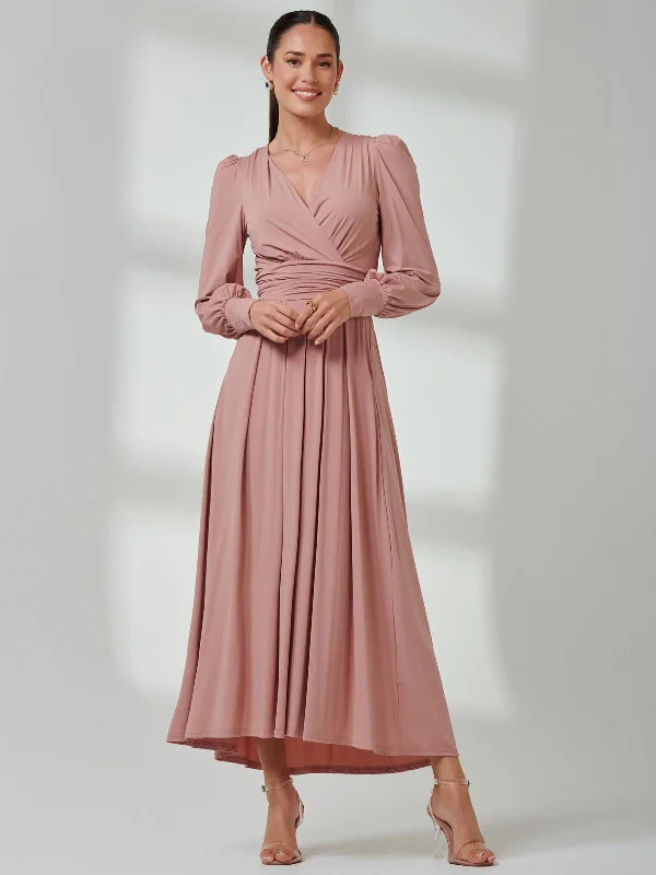 Women's Casual Wear Clothes Modern Chic Discounts Long Sleeve Soft Silky Jersey Maxi Dress, Dusty Pink