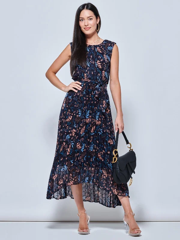 Women's Casual Wear Clothes New Season Fashion Preview Sale Textured Chiffon Pleated Dress, Navy Floral