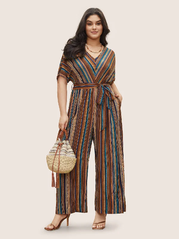 Women's High-Fashion Apparel New Season Fashion Preview Sale Rayon Contrast Striped Belted Jumpsuit