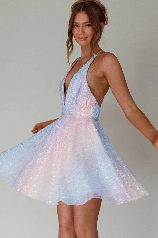 Women's Athletic Garments Boutique Styles Floating By Plunging Neckline Mini Dress Sequin Rainbow