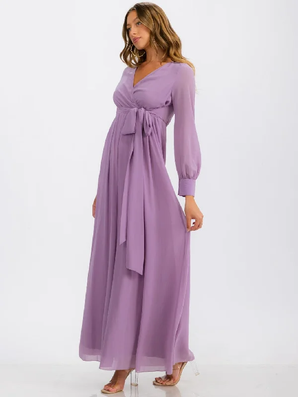 Women's Stylish Outdoor Outfit Trendy Threads WOMEN'S LONG SLEEVE SURPLICE SELF TIE MAXI DRESS