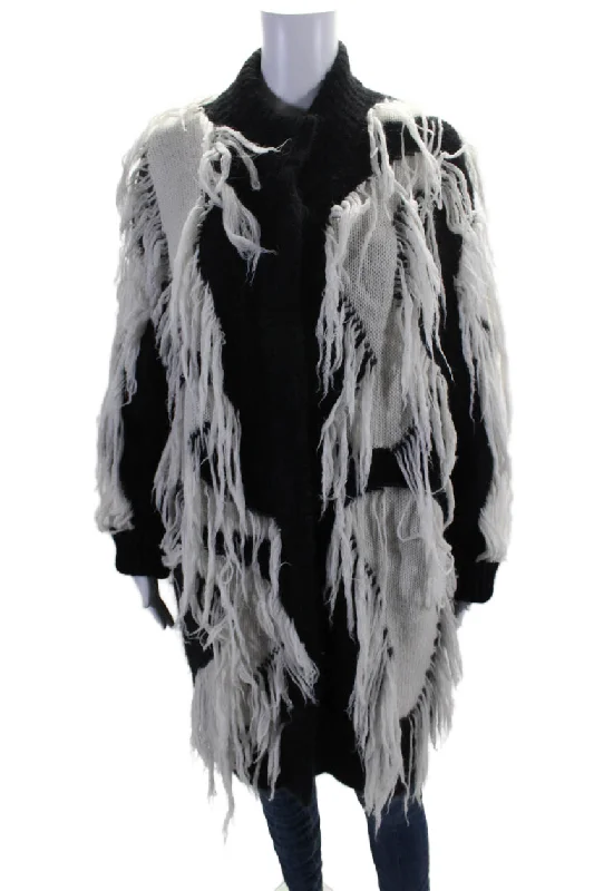 Limited-Stock Sale – Stylish Outfits At Lower Prices Salvatore Ferragamo Womens Black White Fringe Textured Long Sleeve Jacket