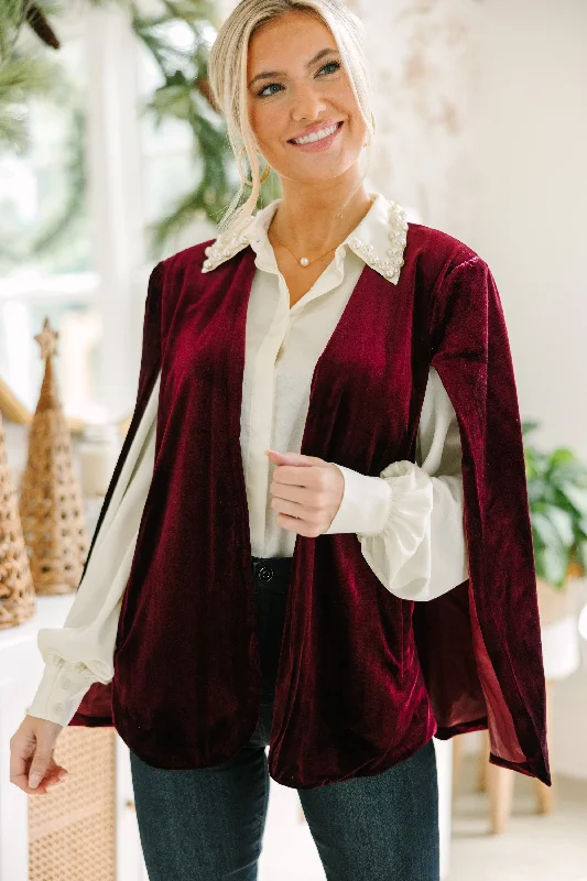 Casual Garments For Women Bold Energy Burgundy Red Velvet Cape Jacket