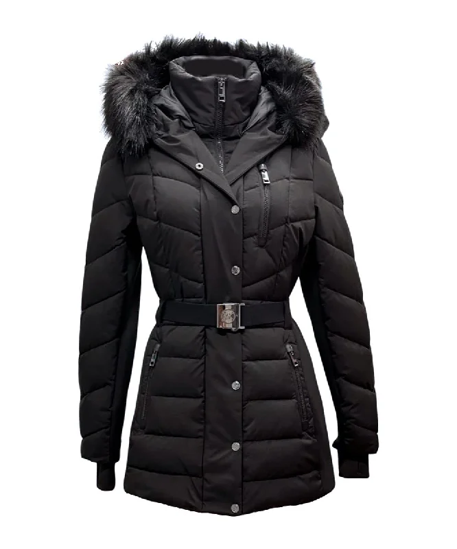 Fashion-Forward Women's Clothing Michael Michael Kors Women's Belted Chevron Scuba Stretch Quilted Coat, Black