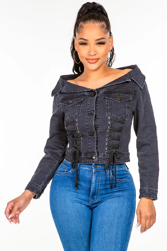 Women's Vintage Clothes Off Shoulder Lace Up Denim Jacket