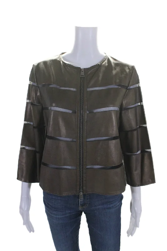 High-Fashion Women's Clothing In Transit 2 Womens Round Neck Long Sleeves Full Zip Leather Jacket Brown