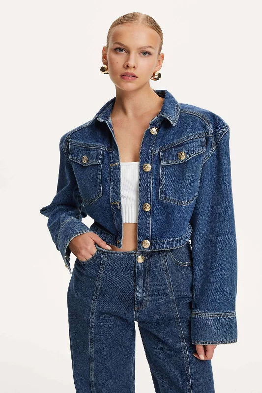 Women's Workout Clothing Military Buttoned Crop Denim Jacket