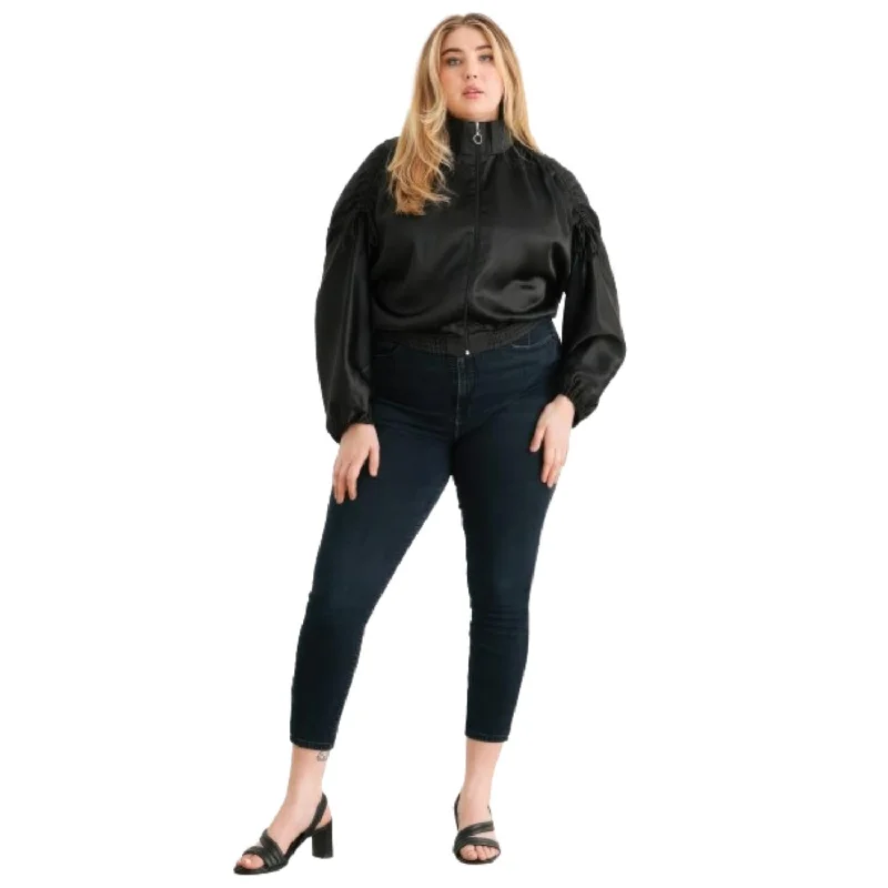 Women's Elegant Evening Outfit Plus Satin Zip-up Ruched Long Sleeve Cropped Bomber Jacket