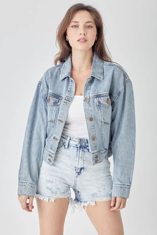 Women's Evening Clothes Full Size Button Down Cropped Denim Jacket