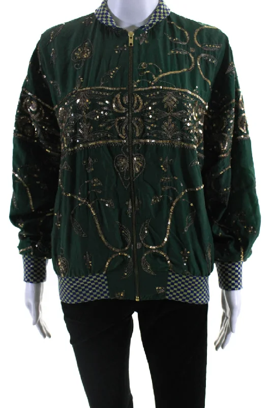 Casual Outfit For Women Ashish Womens Salvaged Sari Metallic Embroidered Bomber Jacket Green