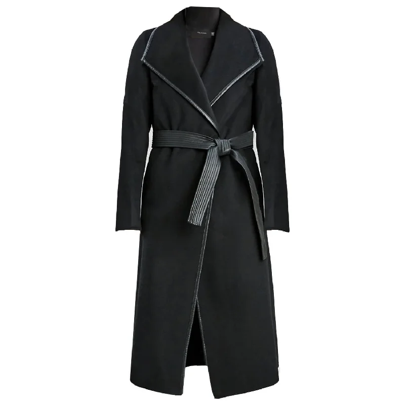 Women's Evening Outfit Juliette Double Face Faux Leather Trim Belted  Wool Coat Black