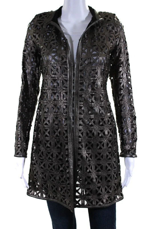 Women's Clothes And Apparel In Transit Womens Laser Cut Metallic Mesh Leather Jacket Brown Black