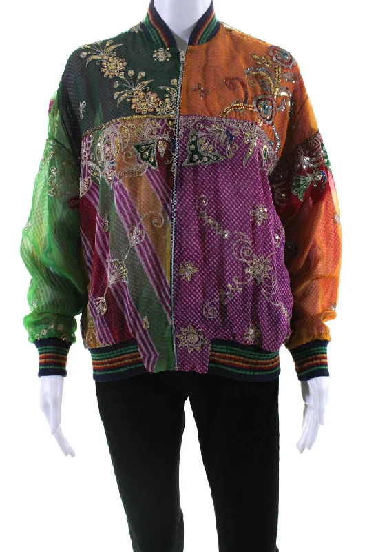 Classic Clothes For Women Ashish Womens Salvaged Sari Patchwork Sequin Bomber Jacket Multicolor