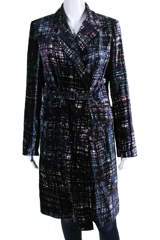 Affordable Luxury Women's Apparel CIVIDINI Womens Hook Front Abstract Printed Velvet Coat Navy Blue