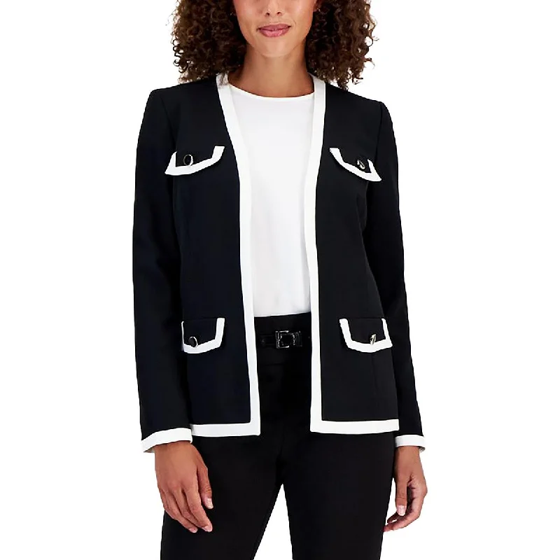 Women's Office Outfit Petites Womens Contrast Trim Collarless Open Front