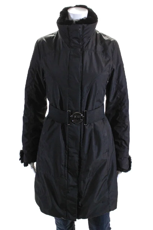 Chic Women's Outfit Post Card Womens Rabbit Fur Trim Full Zipper Belted Coat Black