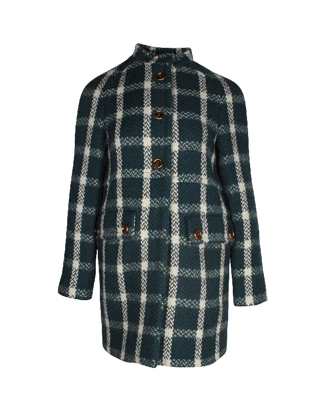 Big Savings On Modern And Classic Fashion Looks Prada Checkered Coat in Blue Green Wool