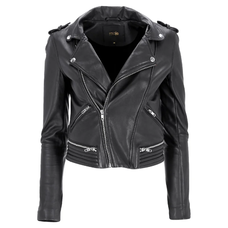 Women's Holiday Apparel Maje Maya Biker Jacket with Quilt Detail in Black Leather