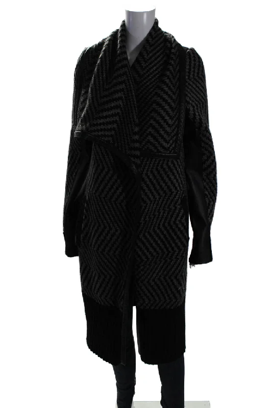 Women's Outfit Line Womens Chevron Print Leather Trim Open Long Coatigan Gray Black