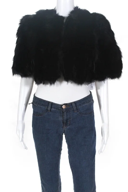 Women's Resort Apparel Roberto Cavalli Womens Fox Fur Fringe Cropped Coat Black