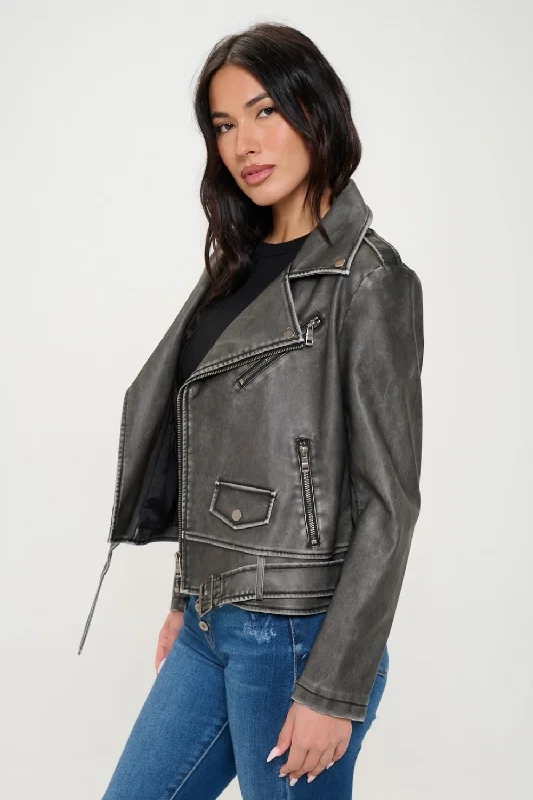 Women's Comfortable Clothes For Weekends Zip Up Biker Jacket with Belt