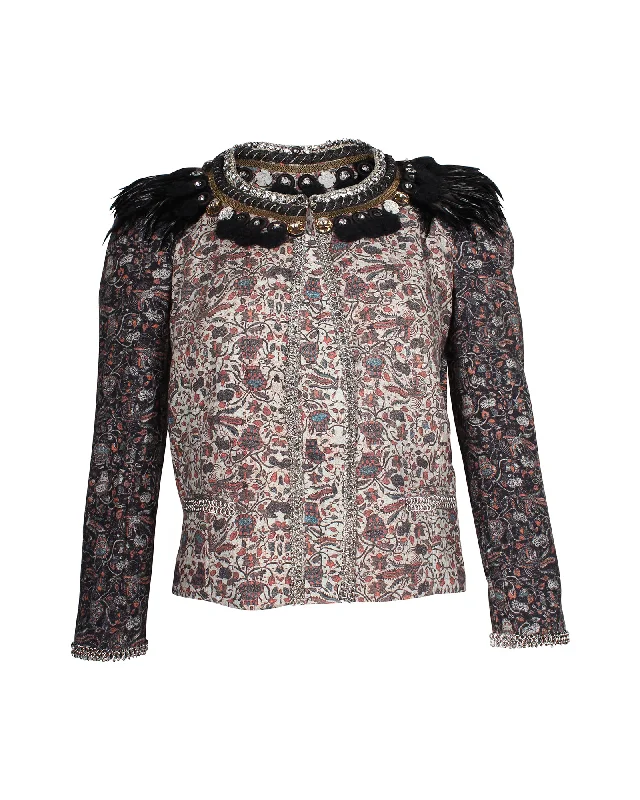 Seasonal Clearance Sale – Big Savings On Trendy Looks Isabel Marant Feather Embellished Printed Jacket in Multicolor Cotton