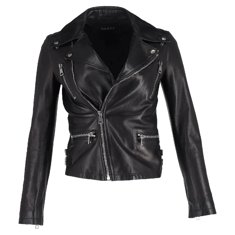 Women's Occasion Wear Apparel Gucci Bird-Embroidered Biker Jacket in Black Leather