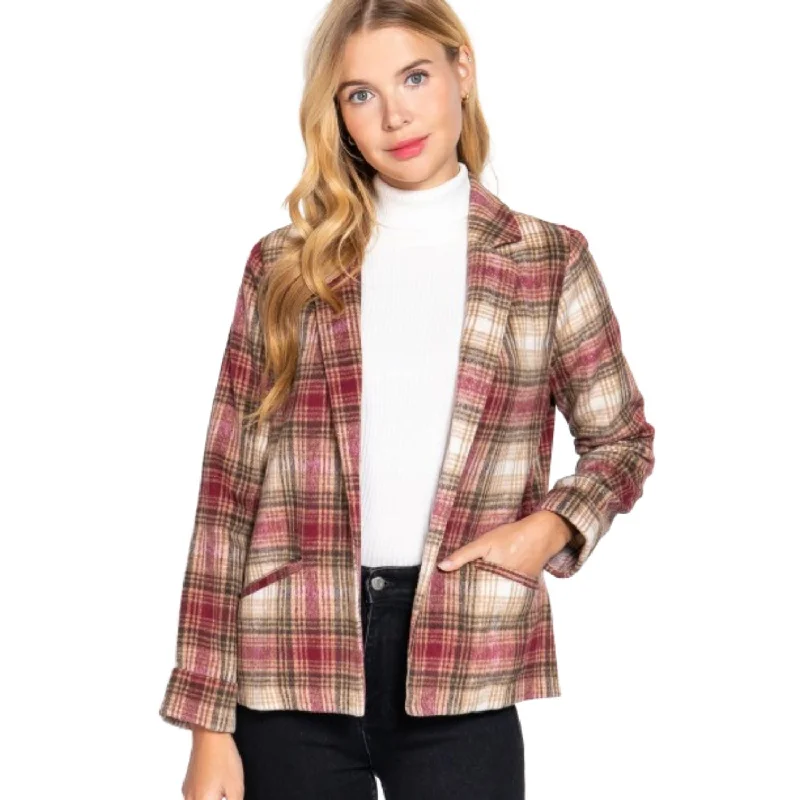 Women's Classic Outfit Notched Collar Plaid Jacket