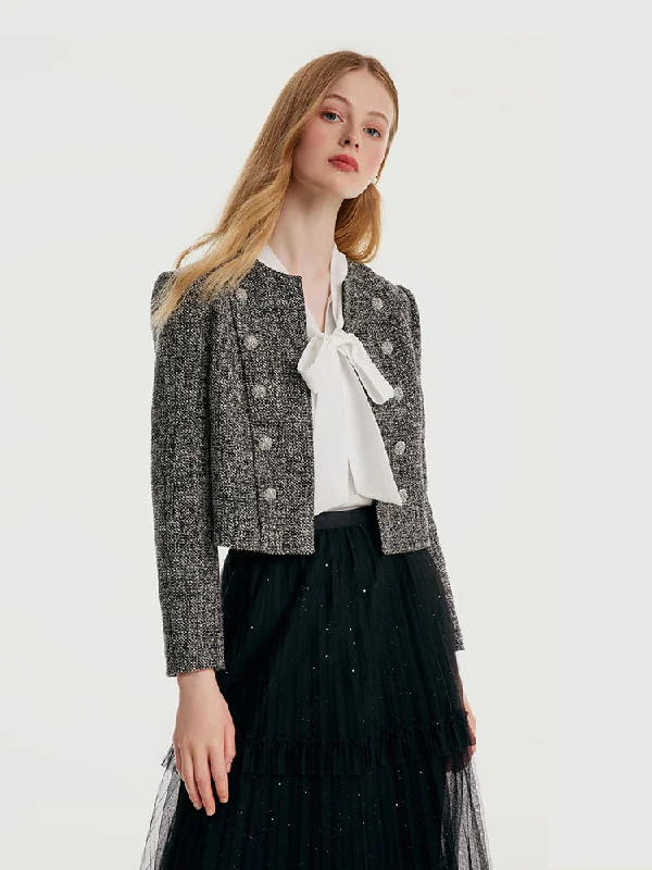 Women's Holiday Outfit Tweed Double-Breasted Women Crop Jacket