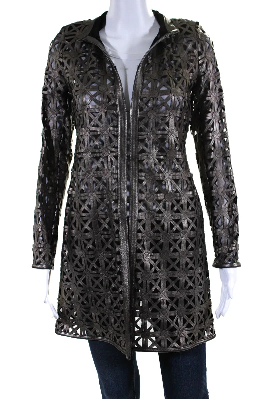 Women's Casual Wear Outfit In Transit Womens Laser Cut Metallic Mesh Leather Jacket Brown Black