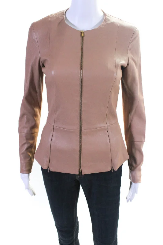 Women's Cozy Outfit For Lounging The Row Womens Front Zip Long Sleeve Crew Neck Leather Jacket Brown