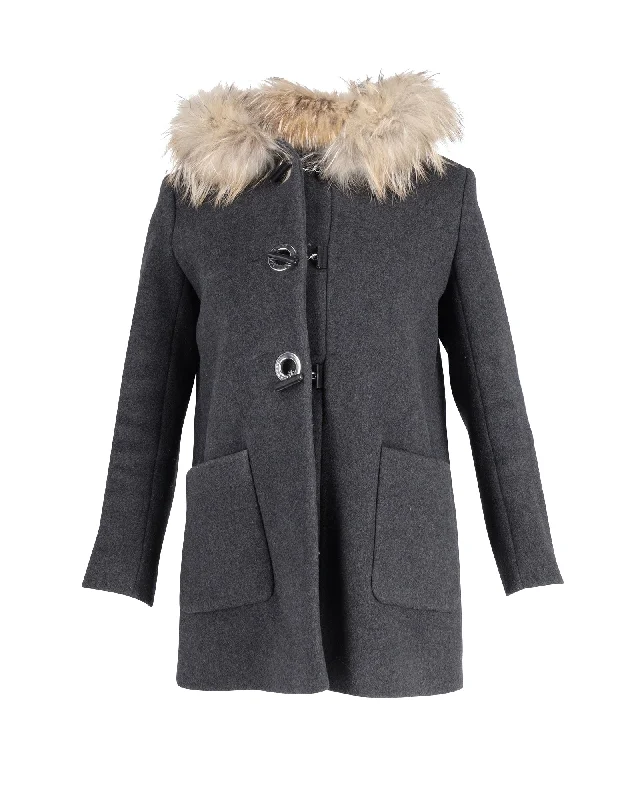 Women's Holiday Clothing Sandro Fur Trimmed Hooded Coat in Grey Wool