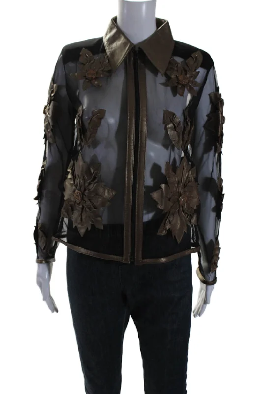 Flash Sale On Trendy Outfits – Don't Miss Out Natto Womens Brown Floral Leather Mesh Collar Full Zip Long Sleeve Jacket