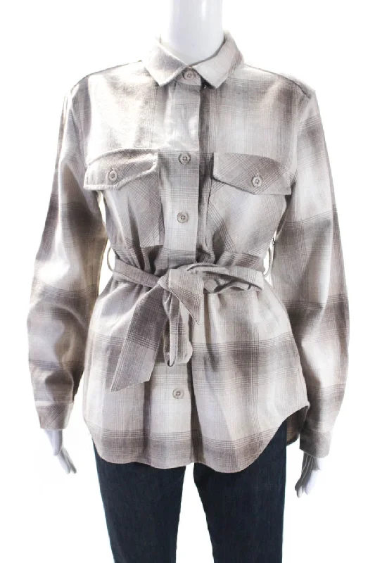 Women's Outerwear Clothing Bella Dahl Womens Cotton Plaid Print Button Collared Belted Jacket Brown