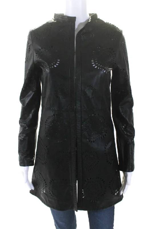 Women's Casual Clothing For Lounging In Transit Womens Laser Cut Long Hook & Eye Leather Jacket Black