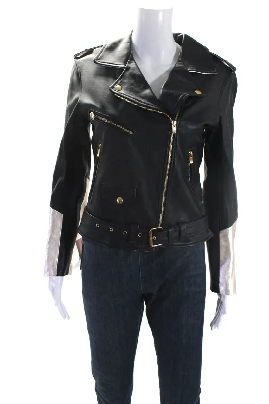 Huge Fashion Markdowns – Update Your Closet Now Alice Balas Womens Metallic Studded Leather Jacket Black Champagne