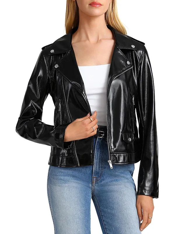 Women's Chic Outerwear Garments Womens Patent Faux Leather Motorcycle Jacket