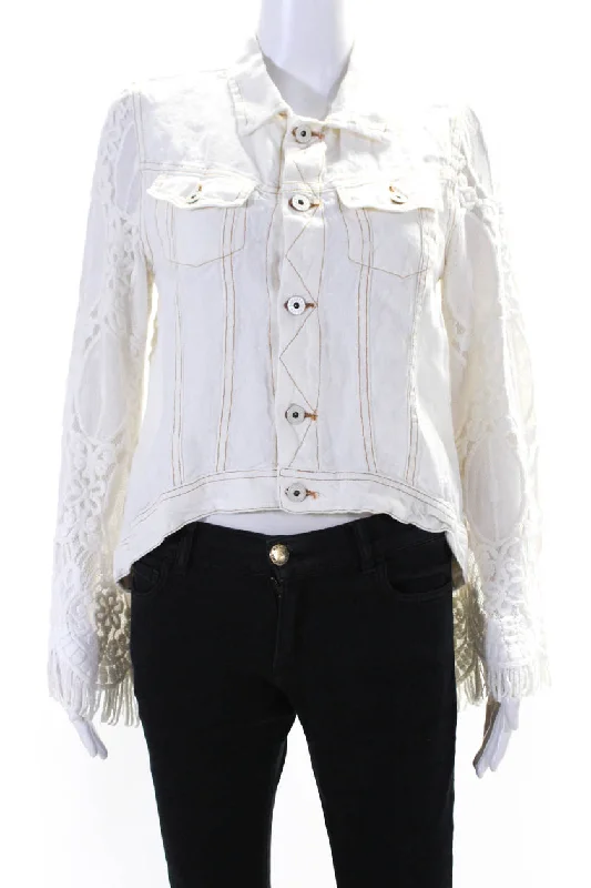 Women's Everyday Garments Sunday Tropez Womens Elvis Mesh Embroidered Sleeve Linen Jacket White