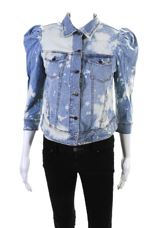 Women's Holiday Outfit Retrofete Womens Button Front 3/4 Sleeve Jean Jacket Blue White